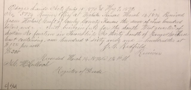 Michael Craft Purchase of Osage Lands 1874