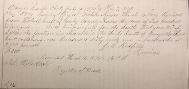 Michael Craft Purchase of Osage Lands 1874